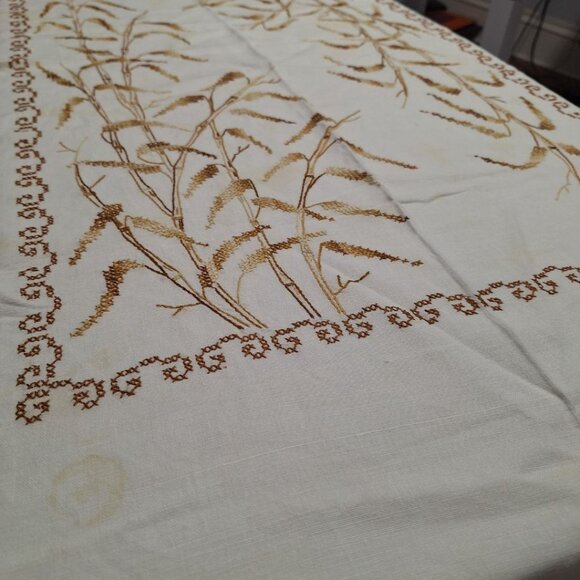 Vintage Wheat Crosstitch Tablecloth Linen Brown Fall 68 x 40 - Picture 7 of 8